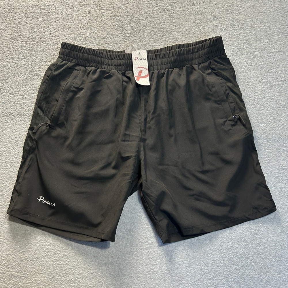 Pudolla Athletic Hiking Shorts Mens L Black Stretch Zip Pockets Gym Quick Dry